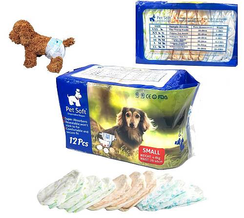 Πάνες μιας χρήσης Pet Soft 12τμχ Small για σκύλους 4 έως 8kg. Μέση: 26cm έως 46cm