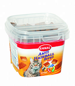 Sanal Anti-Hairball Bites 75gr. Με βιταμίνες A, D3 και Ε. Βοηθά στην αφαίρεση της τριχόμπαλας.