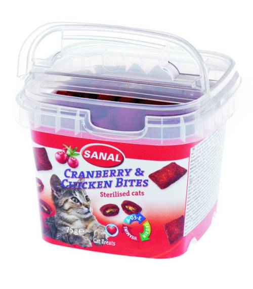 Sanal Cranberry bites 75gr για στειρωμένες γάτες. Βοηθά στο ουροποιητικό σύστημα, με βιταμίνες A, D3 και Ε.