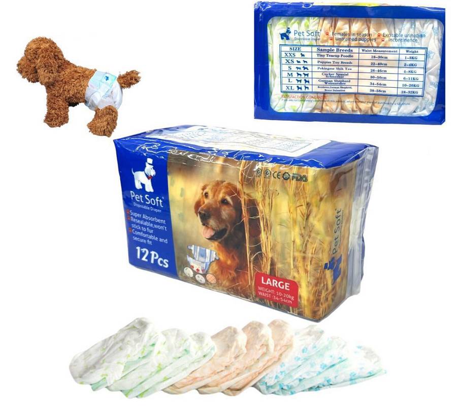 Πάνες μιας χρήσης Pet Soft 12τμχ Large για σκύλους 10 έως 20kg. Μέση: 34cm έως 54cm