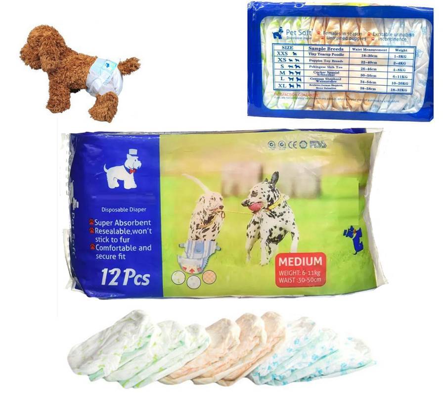 Πάνες μιας χρήσης Pet Soft 12τμχ Medium για σκύλους 6 έως 11kg. Μέση: 30cm έως 50cm